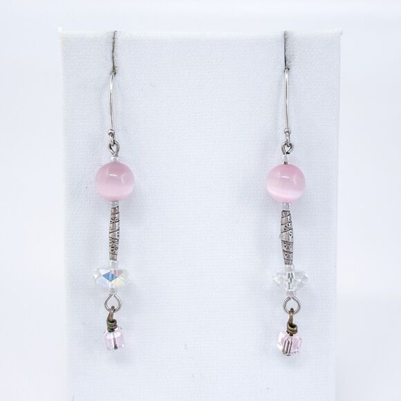 Vintage Silver-Tone Pink Beaded Dangle Earrings - Picture 2 of 5